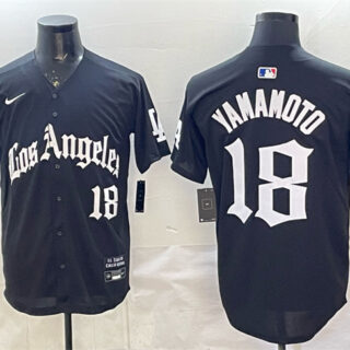 Men's Los Angeles Dodgers #18 Yoshinobu Yamamoto Black LA Gothic Style With 2025 World Series Champions Patch Limited Stitched Baseball Jersey