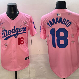 Men's Los Angeles Dodgers #18 Yoshinobu Yamamoto Pink 2025 World Series Champions Patch Tokyo Series Limited Stitched Baseball Jersey