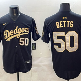 Men's Los Angeles Dodgers #50 Mookie Betts Black Gold 2025 World Series Champions Patch Limited Stitched Baseball Jersey