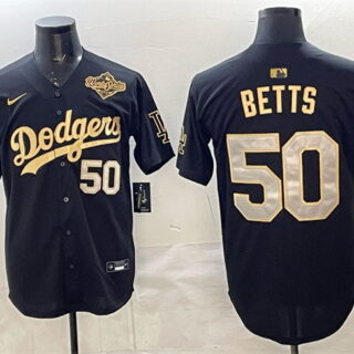 Men's Los Angeles Dodgers #50 Mookie Betts Black Gold 2025 World Series Patch Limited Stitched Baseball Jersey