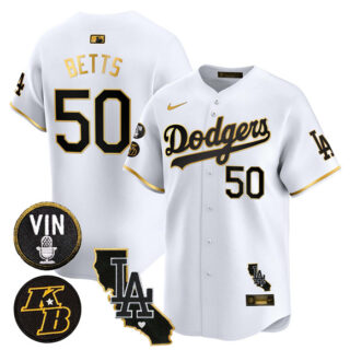 Men's Los Angeles Dodgers #50 Mookie Betts White Gold 2025 Vin & Kobe Patch Vapor Limited V2 Stitched Baseball Jersey