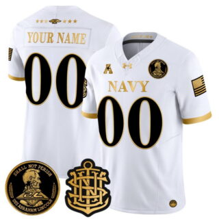 Men's Navy Midshipmen Active Player Custom White Gold 2024 F.U.S.E. Champions Patch And USS Patch Stitched Football Jersey