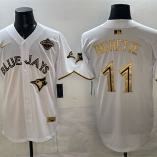Men's Toronto Blue Jays #11 Bo Bichette White Gold 2025 American League Champions Limited Stitched Baseball Jersey