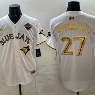 Men's Toronto Blue Jays #27 Vladimir Guerrero Jr. White Gold 2025 American League Champions Limited Stitched Baseball Jersey