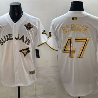 Men's Toronto Blue Jays #47 Addison Barger White Gold 2025 American League Champions Limited Stitched Baseball Jersey