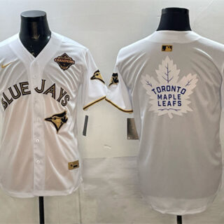 Men's Toronto Blue Jays & Leafs Black Gold 2025 American League Champions With White Leafs Logo Limited Stitched Baseball Jersey 1