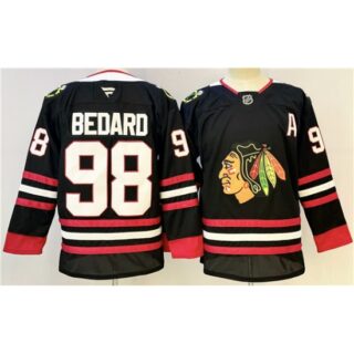 Men's Chicago Blackhawks #98 Connor Bedard Black With A Stitched Hockey Jersey
