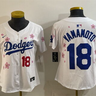 Women's Los Angeles Dodgers #18 Yoshinobu Yamamoto White 2025 World Series Champions Patch Tokyo Series Limited Stitched Baseball Jersey(Run Small)