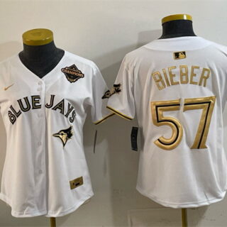 Women's Toronto Blue Jays #57 Shane Bieber White Gold 2025 American League Champions Limited Stitched Baseball Jersey(Run Small)