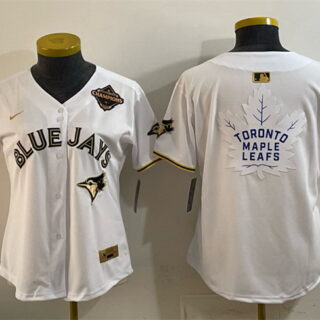 Youth Toronto Blue Jays & Leafs White Gold 2025 American League Champions With White Leafs Logo Limited Stitched Baseball Jersey